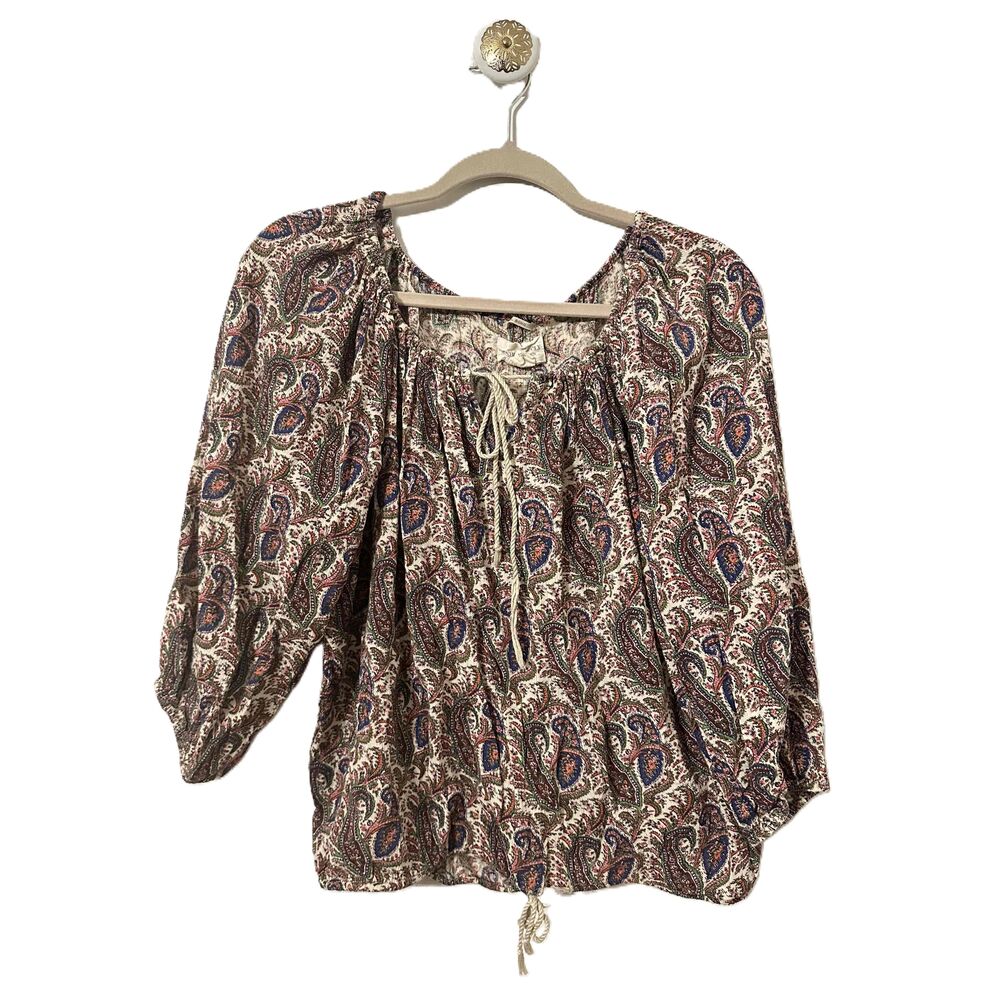 RL Boho Denim & Supply Blouse Womens Size Small Peasant Paisley Scoop Neck Tie